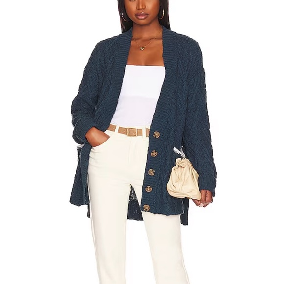 Free People Montana Cable Knit Cardigan in Varsity Navy Blue - Picture 5 of 7